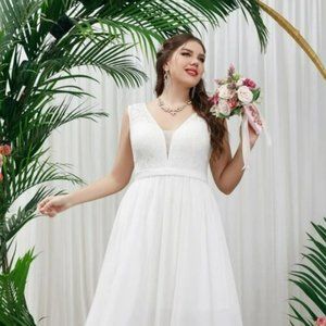 Shein - Plus Lace Panel Chiffon Wedding Dress - White 3XL (18)